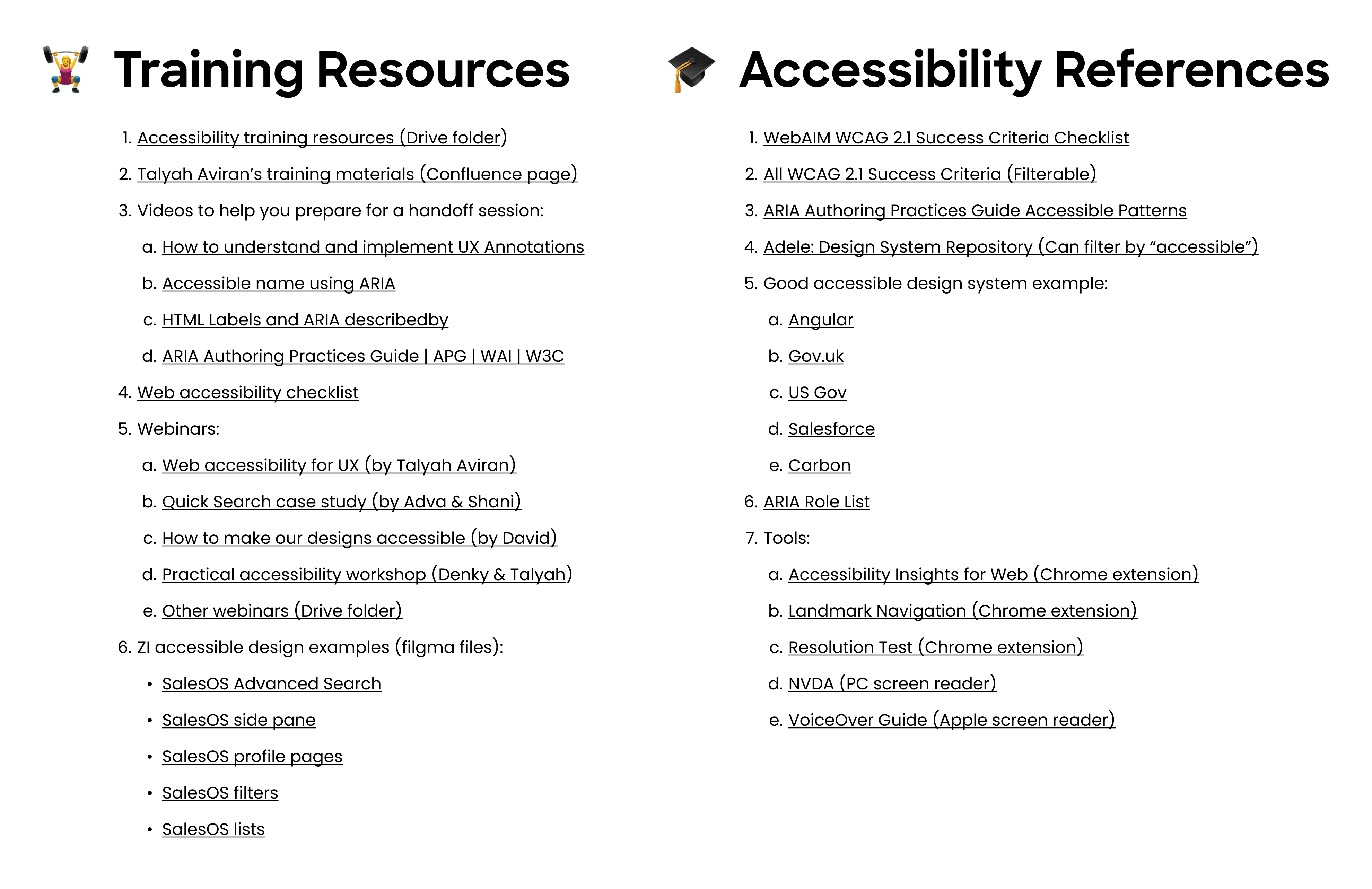 Training resources and accessibility references shared with the champions, including WCAG criteria, design system examples, and tools