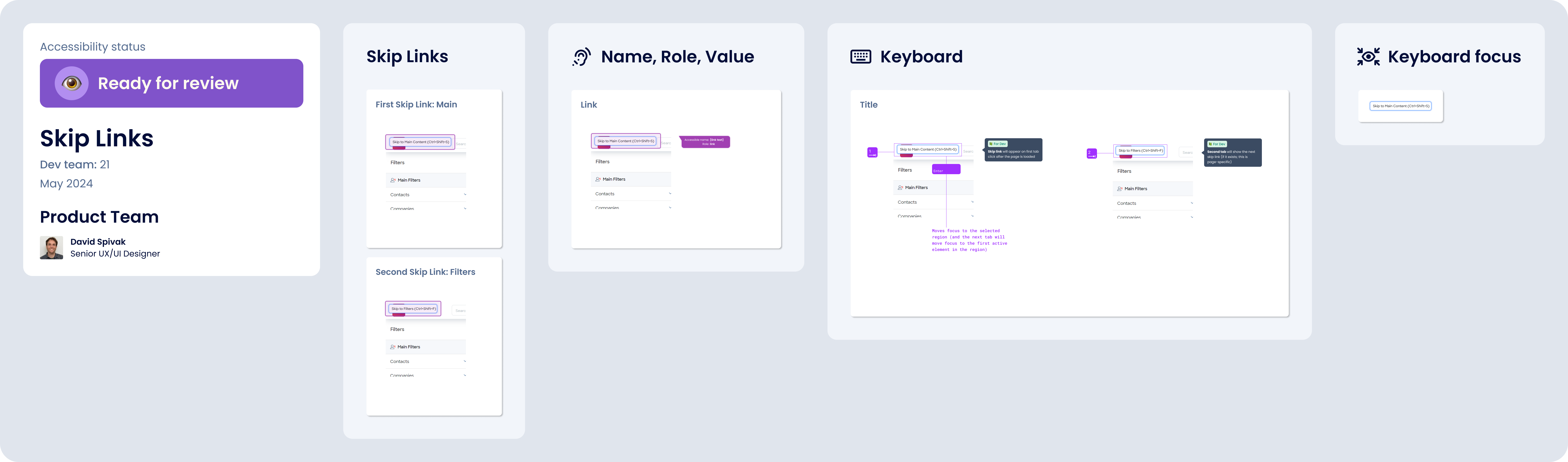 Pattern page showing landmark structure, skip link placement and behavior, and keyboard shortcuts for jumping between landmarks