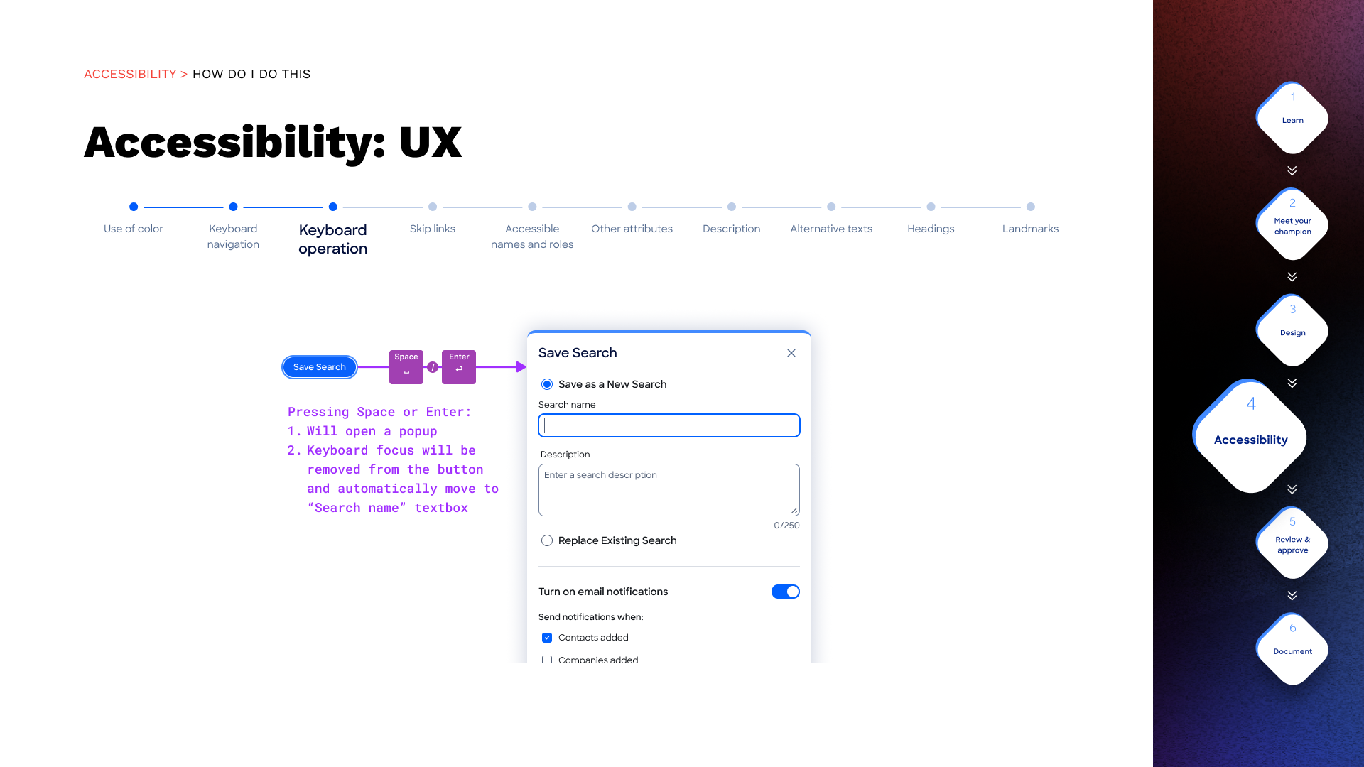 Webinar slide covering the UI side (contrast, target size, typography, use of color) and UX side (keyboard interaction, semantics, landmarks)