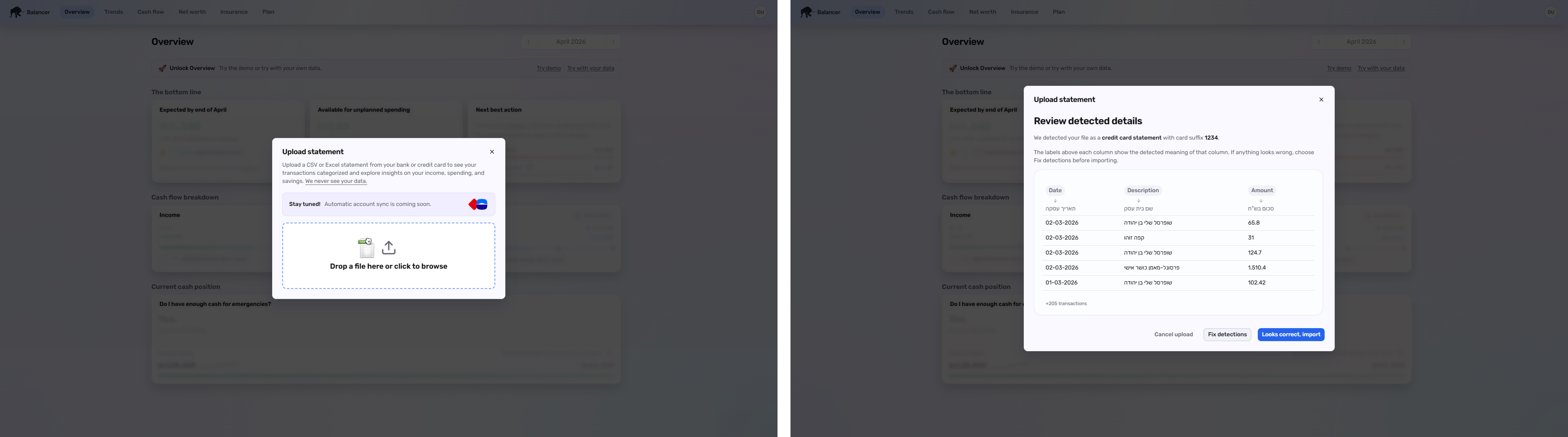 Balancer statement upload flow with auto-detected structure and review step
