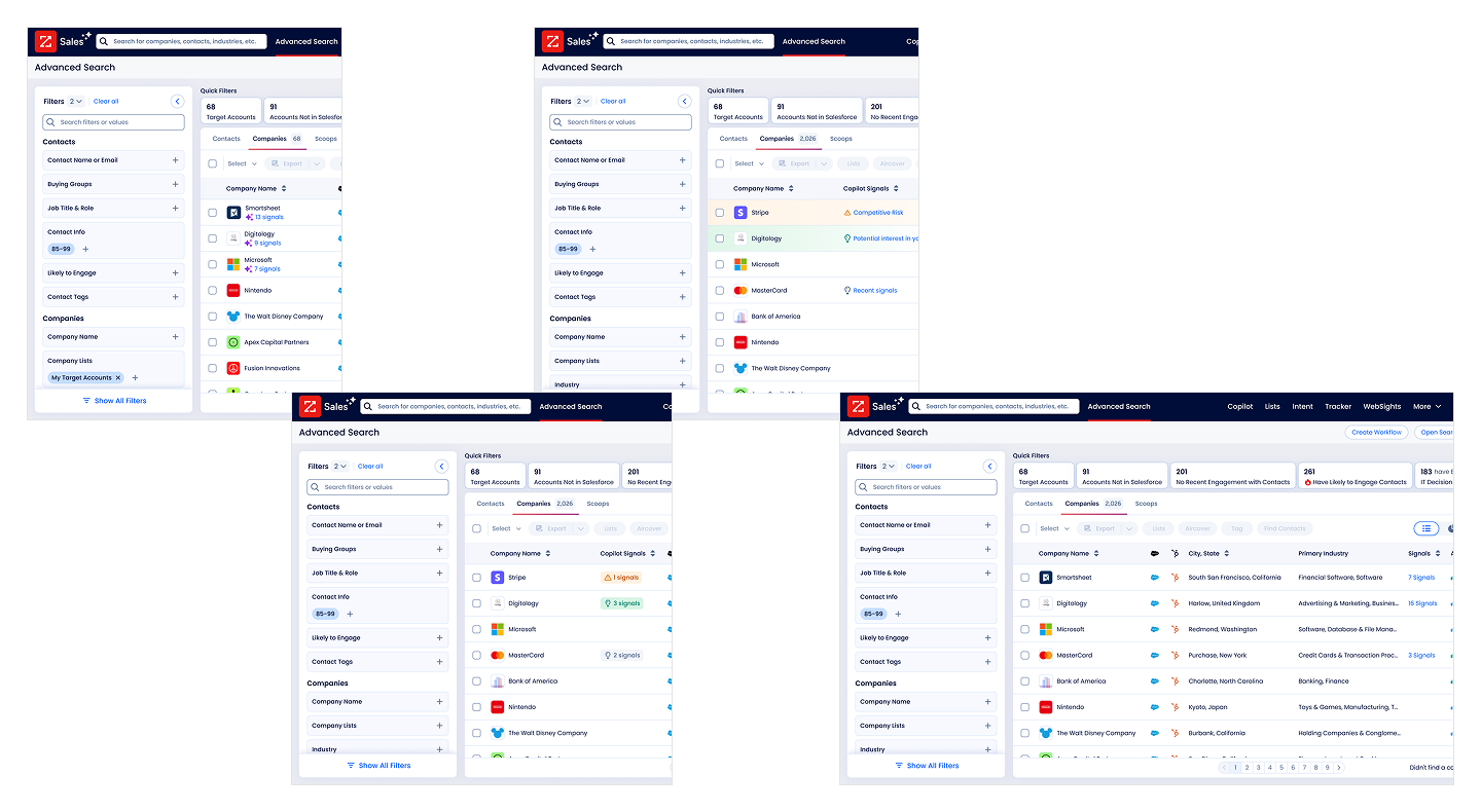 Explorations of Advanced Search designs with a Signals column added to the results table, with the chosen design shown in the bottom right