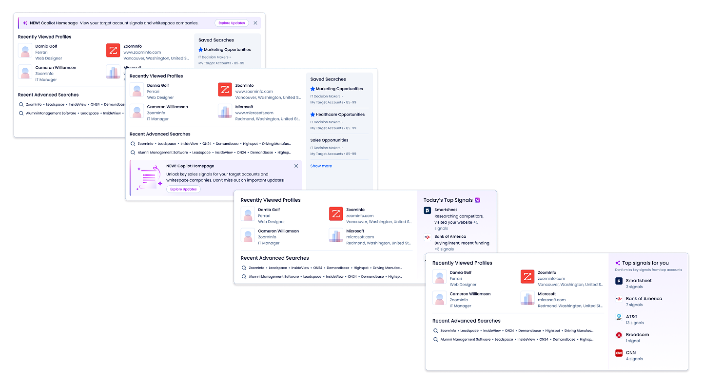 Explorations of Quick Search initial state designs with AI signals surfaced in the right panel, with the chosen design shown in the bottom right