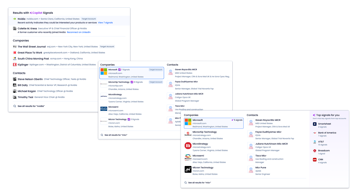 Explorations of Quick Search results designs with AI signals surfaced alongside search results, with the chosen design shown in the bottom right