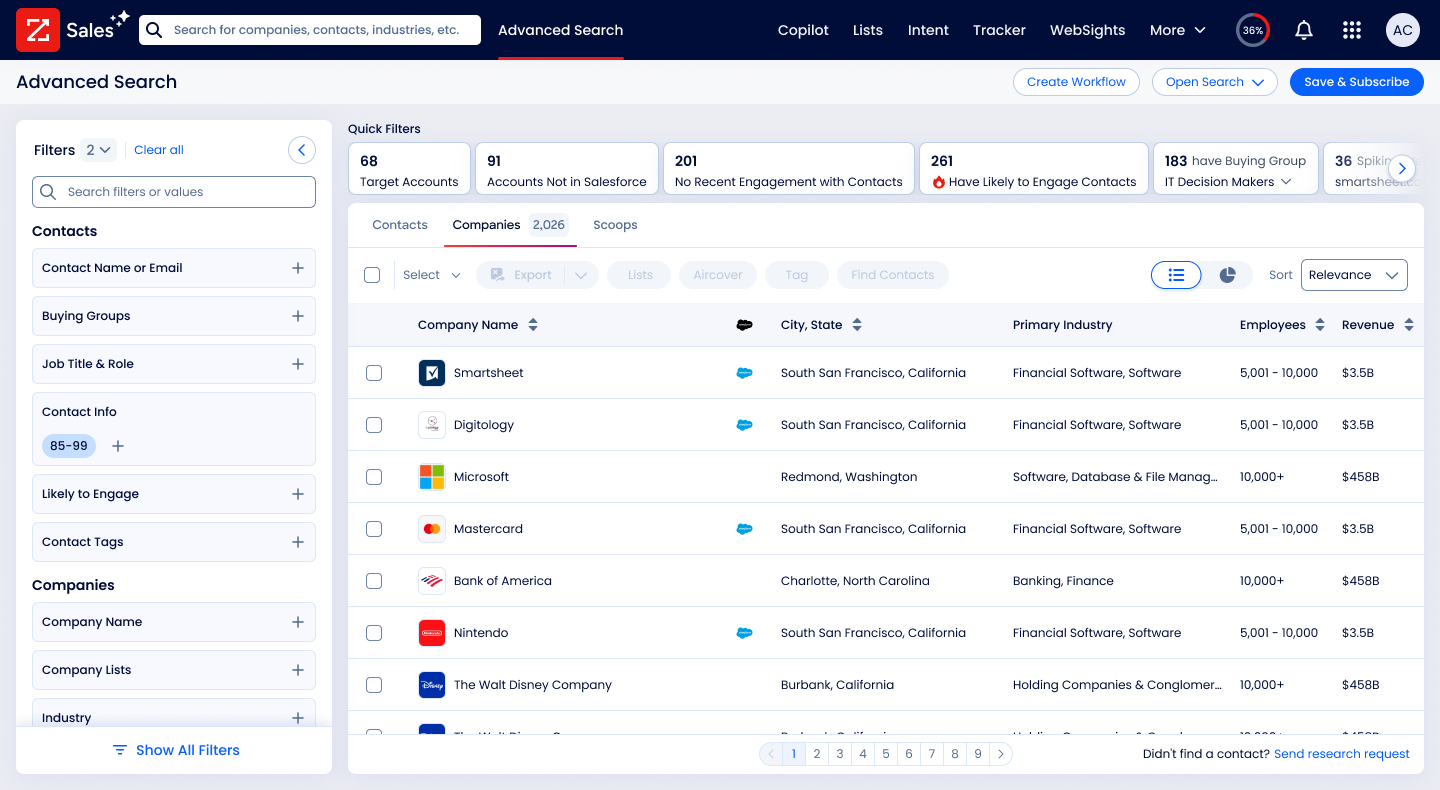 Advanced Search results table before the project, showing company results without a Signals column