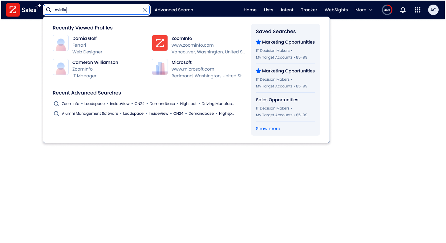 Quick Search dropdown in its initial empty state, before the user starts typing, showing no signals or AI content
