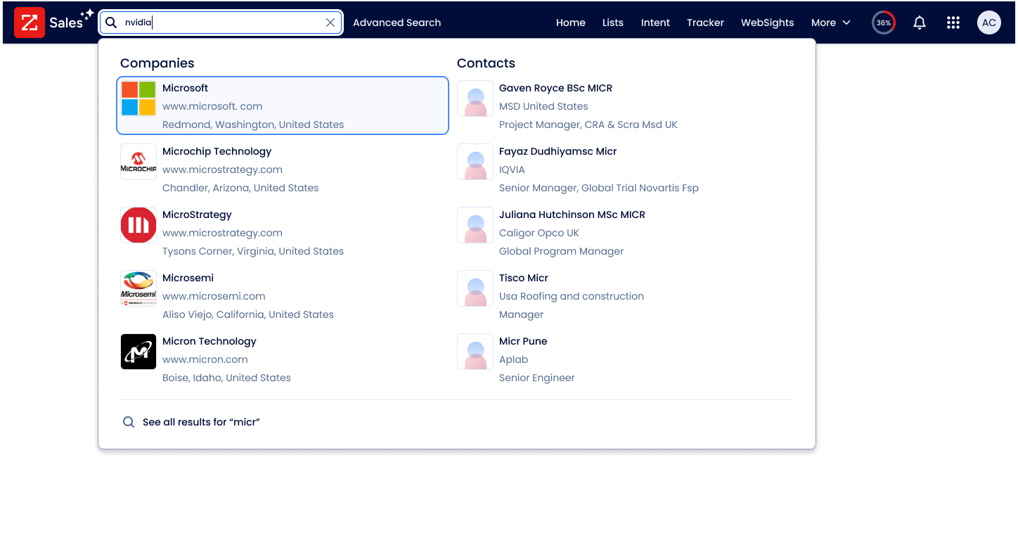 Quick Search results dropdown while the user is typing, showing company and contact results without any signal information