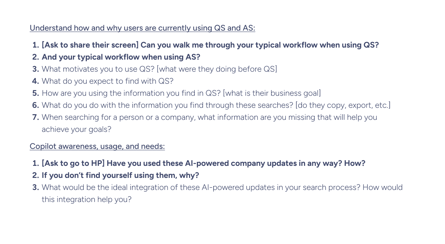 Document excerpt listing interview questions asked of Copilot users about Quick Search, Advanced Search, and signal usage