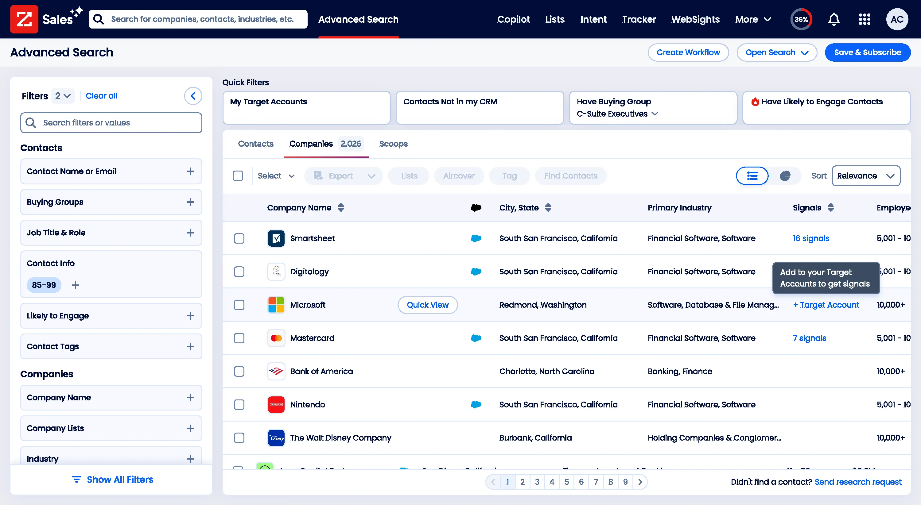 Advanced Search results row for Microsoft with an empty signals cell, showing a hover tooltip that reads "Add to your Target Accounts to get signals" with a "+ Target Account" button