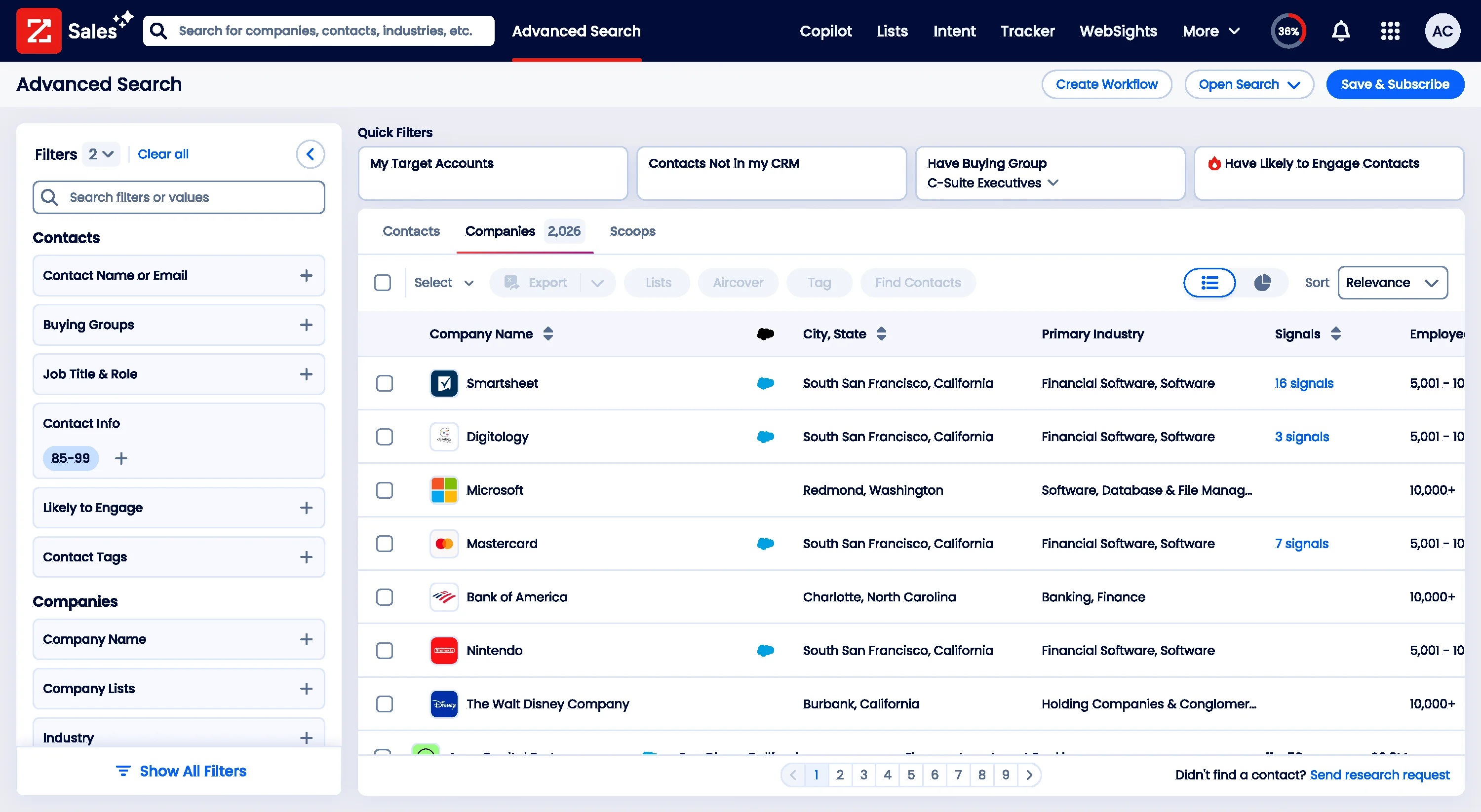 Advanced Search results table with a new Signals column showing counts (e.g., "16 signals" for Smartsheet, "3 signals" for Digilology, "7 signals" for Mastercard), plus Quick Filter chips at the top for My Target Accounts, Contacts Not in my CRM, Have Buying Group, and Have Likely to Engage Contacts