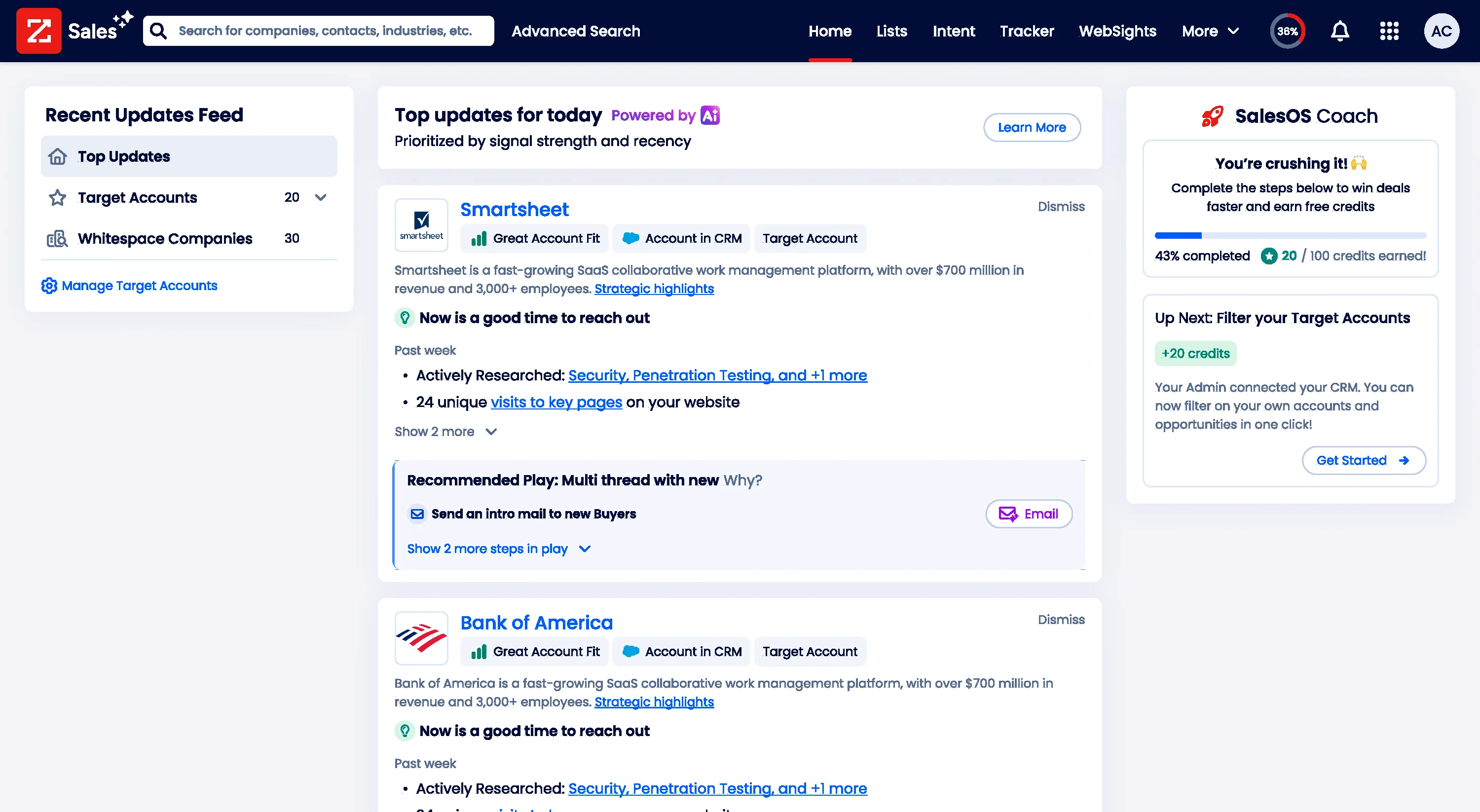 The Copilot homepage feed showing top updates for today with signal cards for Smartsheet and Bank of America, plus a side rail with target account and whitespace company counts