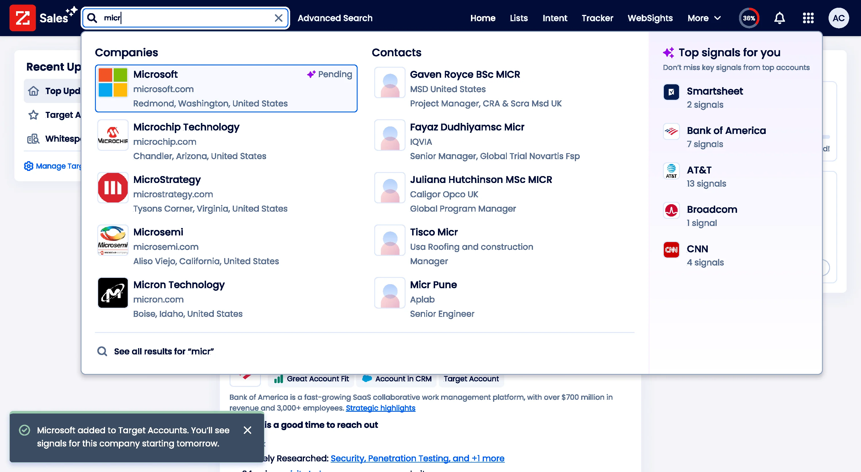 Quick Search dropdown showing Microsoft with a "Pending" state after clicking Follow, and a toast at the bottom reading "Microsoft added to Target Accounts. You'll see signals for this company starting tomorrow"