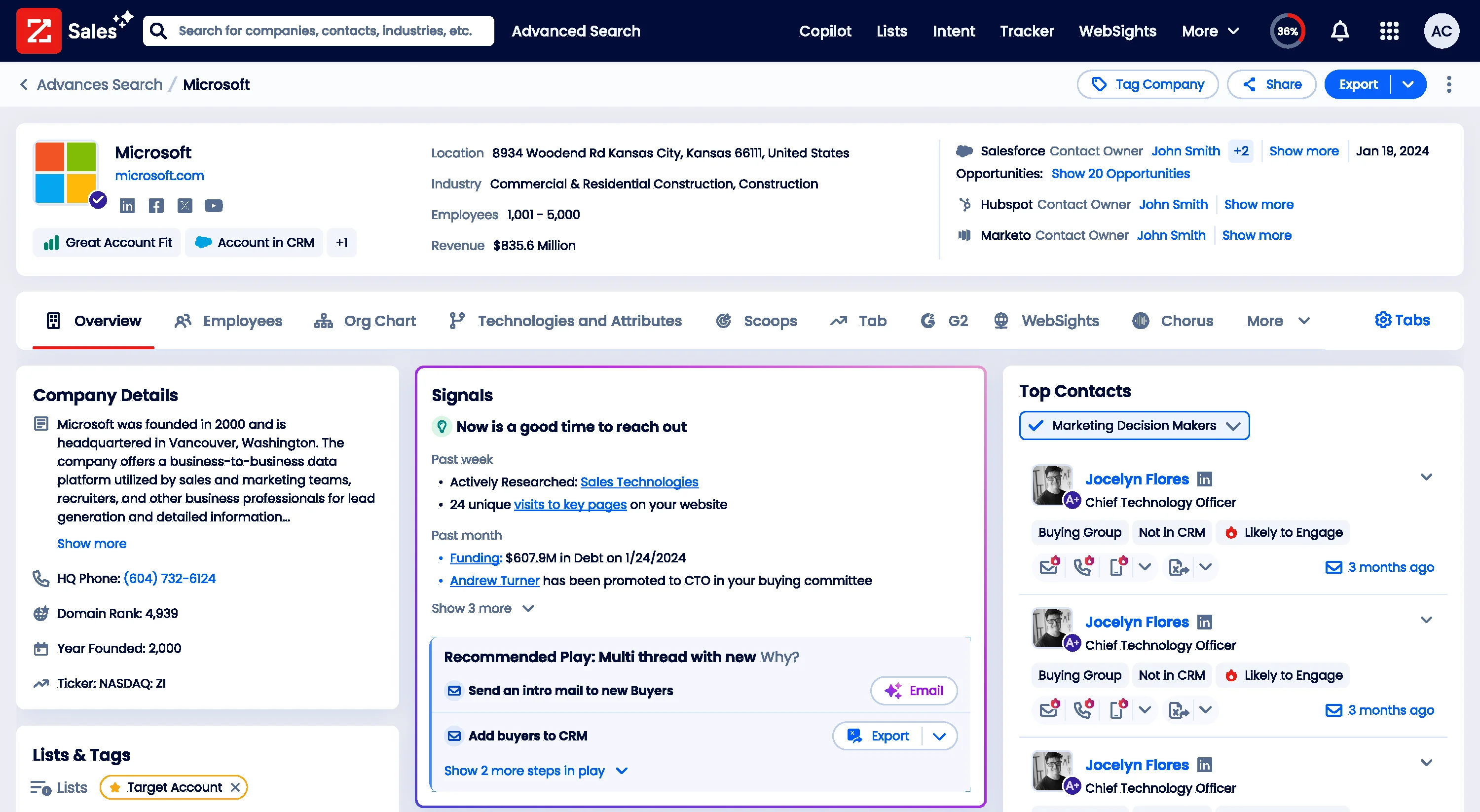 Microsoft company profile page in ZoomInfo Sales with the Signals section visually highlighted with a purple outline, showing a "Now is a good time to reach out" header, funding and intent signals, and a recommended play