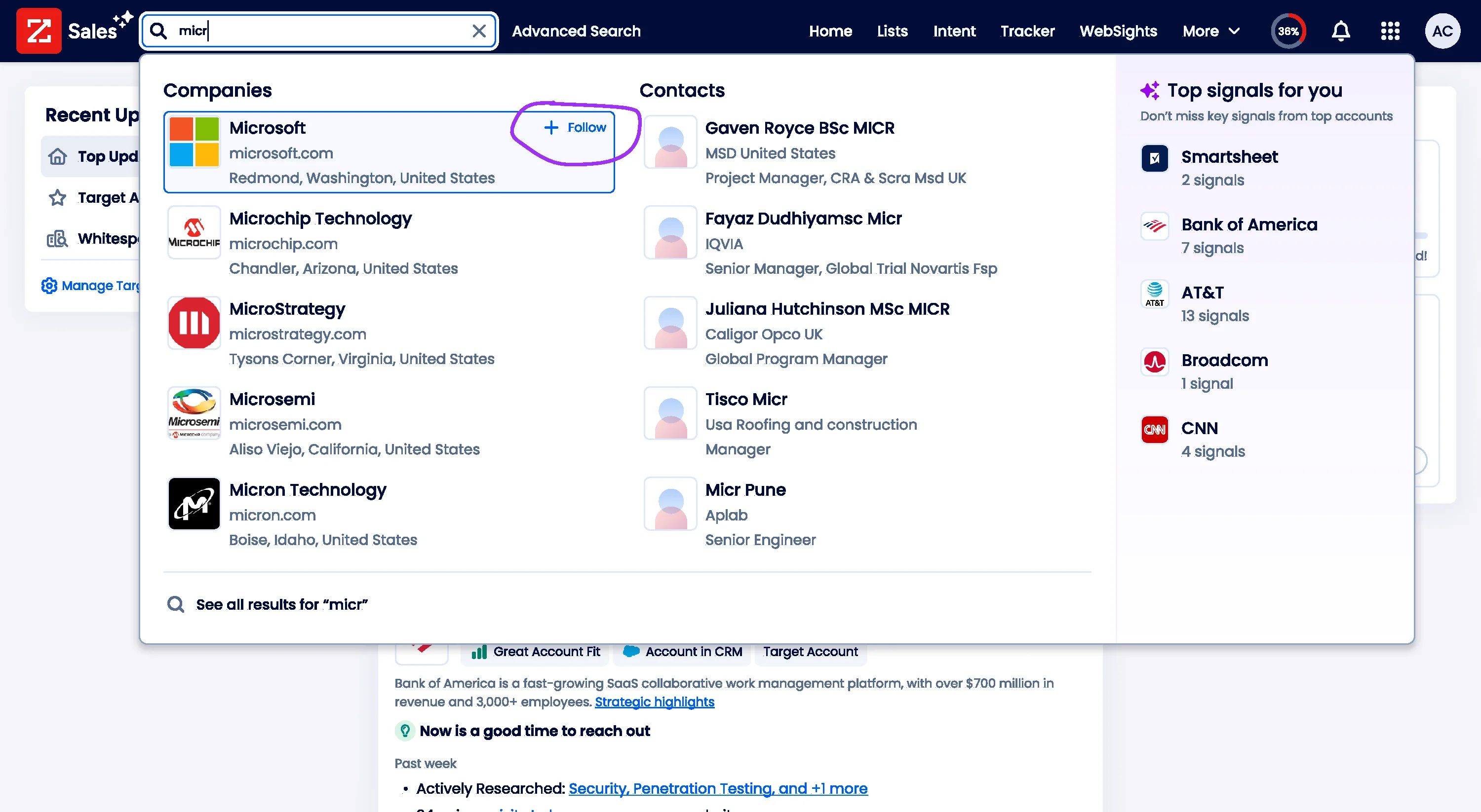Quick Search dropdown with a Companies column, a Contacts column, and a "Top signals for you" side panel listing Smartsheet, Bank of America, AT&T, Broadcom, and CNN with signal counts. Microsoft shows a "+ Follow" affordance