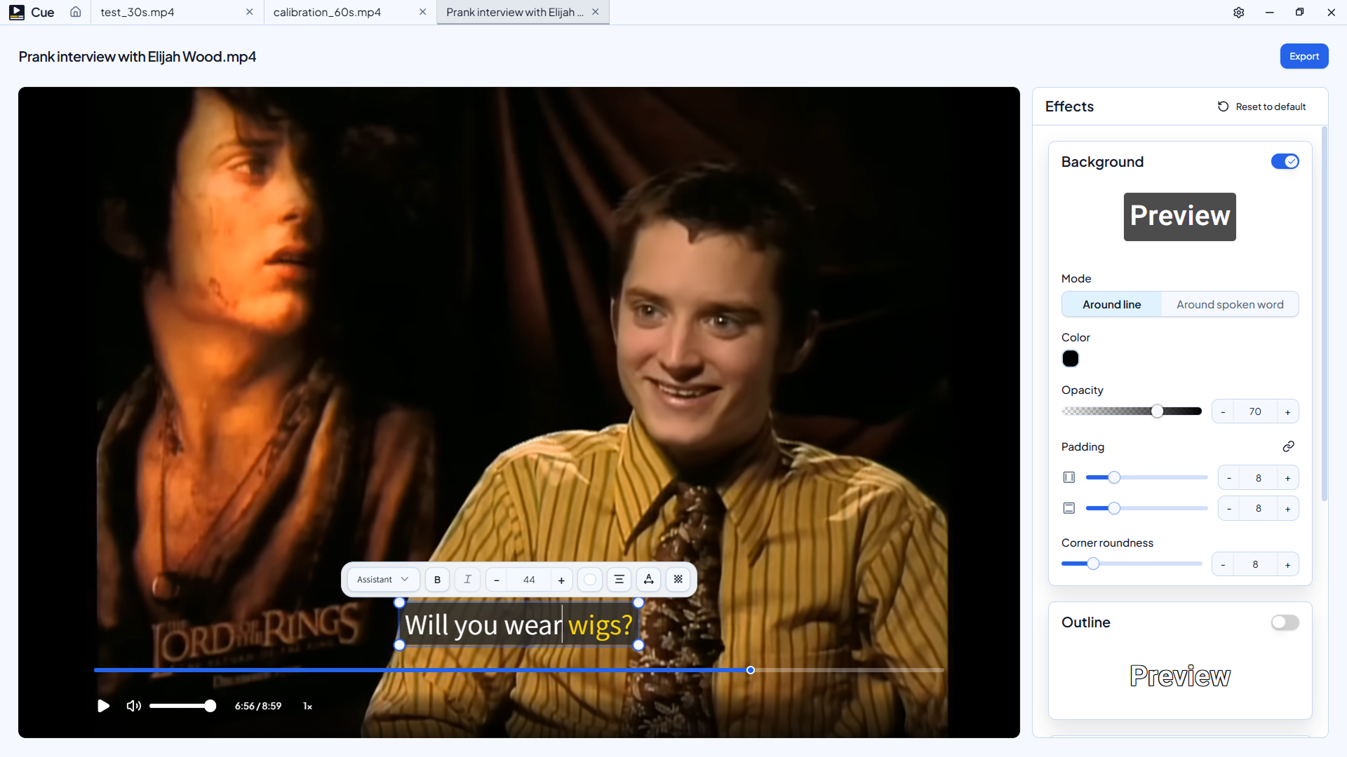 Cue editor with active text toolbar and segmented effect controls