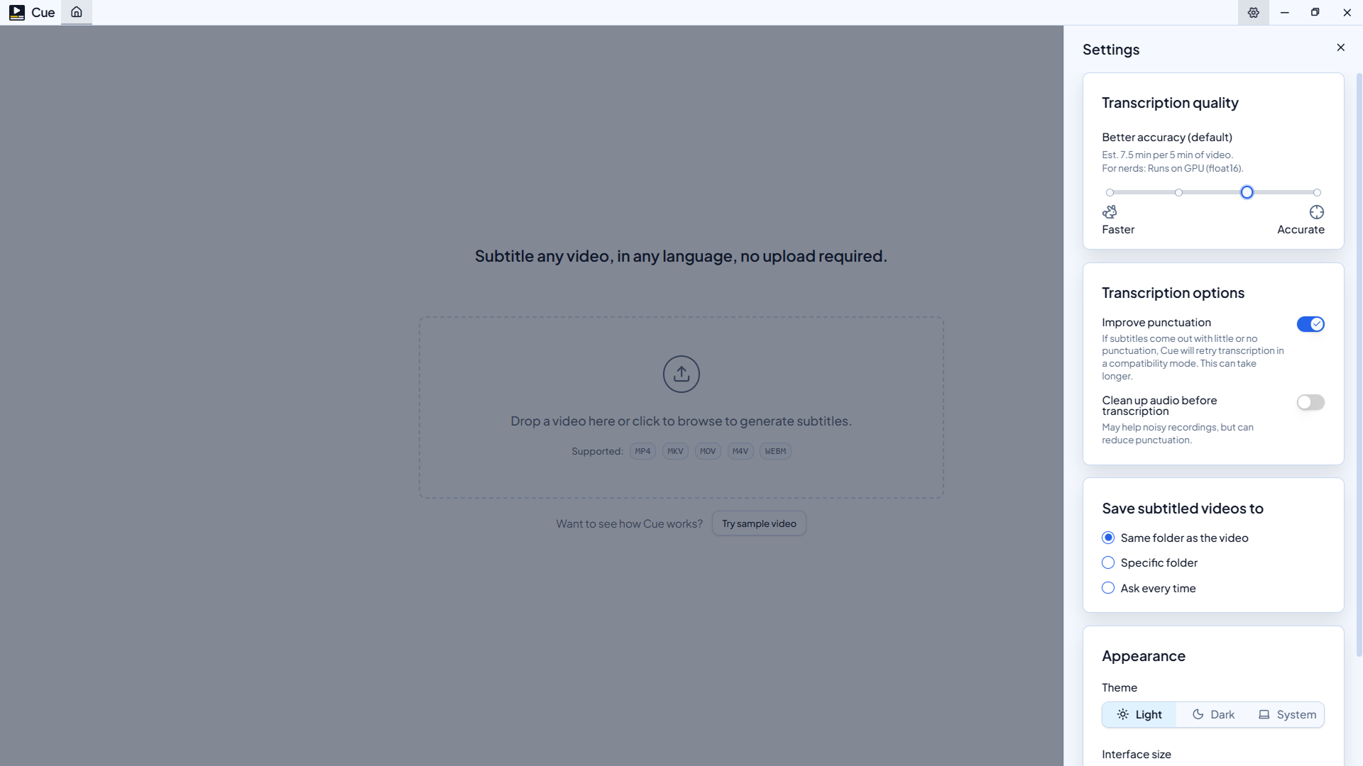 Cue settings screen with transcription and export defaults