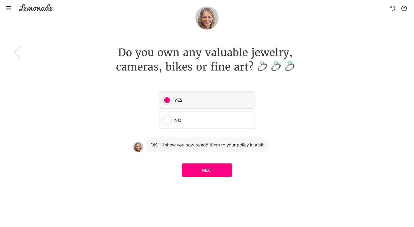 Reference screenshot from Lemonade's onboarding flow, showing a single-column centered layout with a short friendly greeting, an emoji used inline in the copy, a small focused illustration, and a single form input
