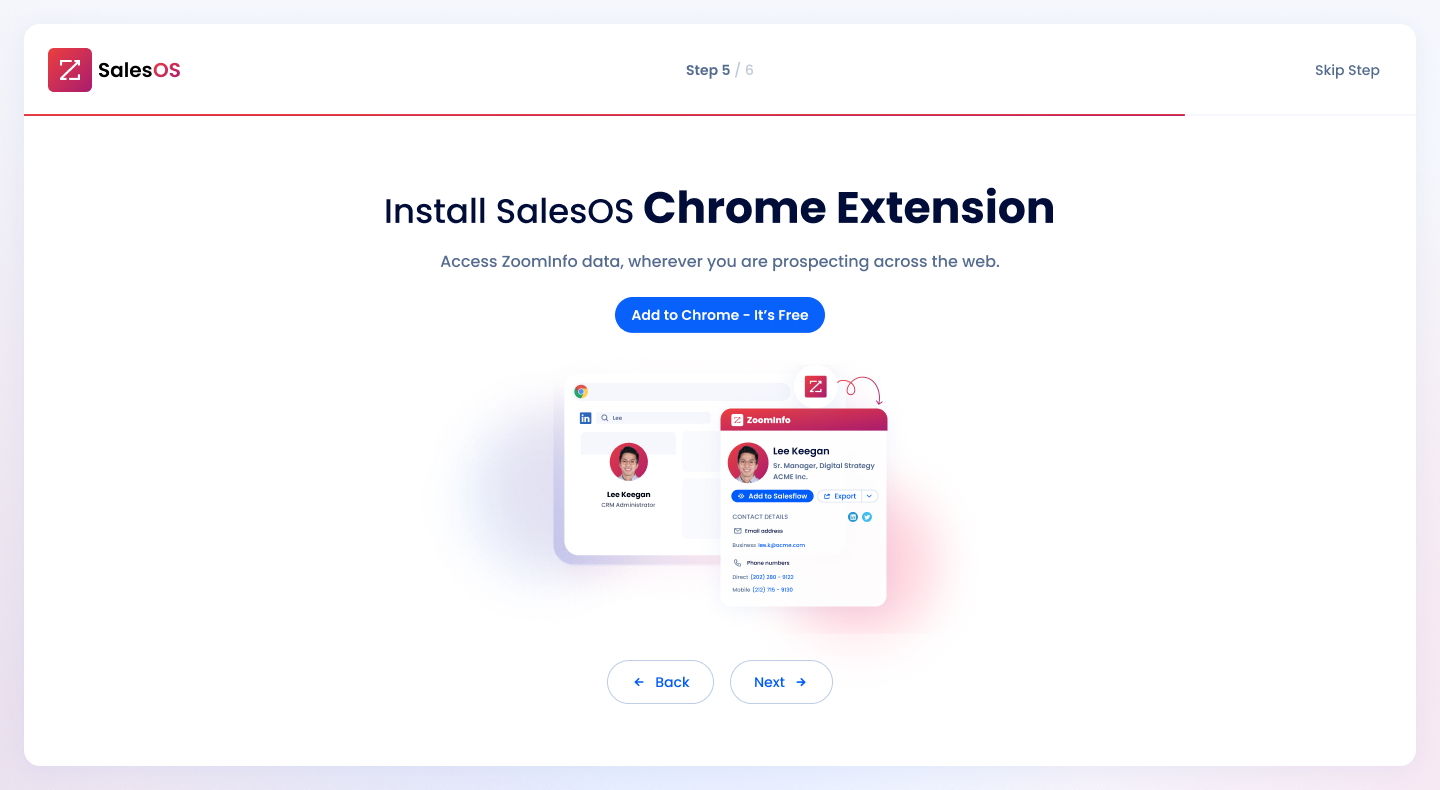 New onboarding step for the Chrome Extension titled 'Install SalesOS Chrome Extension', with a short one-line value prop, a small focused illustration, and an 'Add to Chrome' button on a single centered column layout with a progress indicator at the top