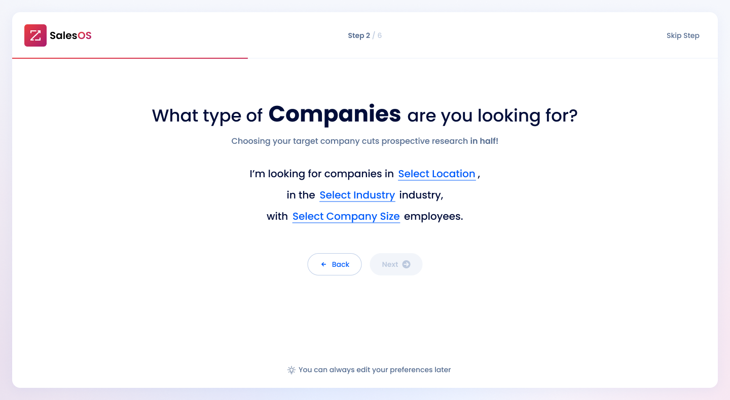 New onboarding step titled 'What type of Companies are you looking for?' with a fill-in-the-blank sentence combining location, industry, and company size into one input