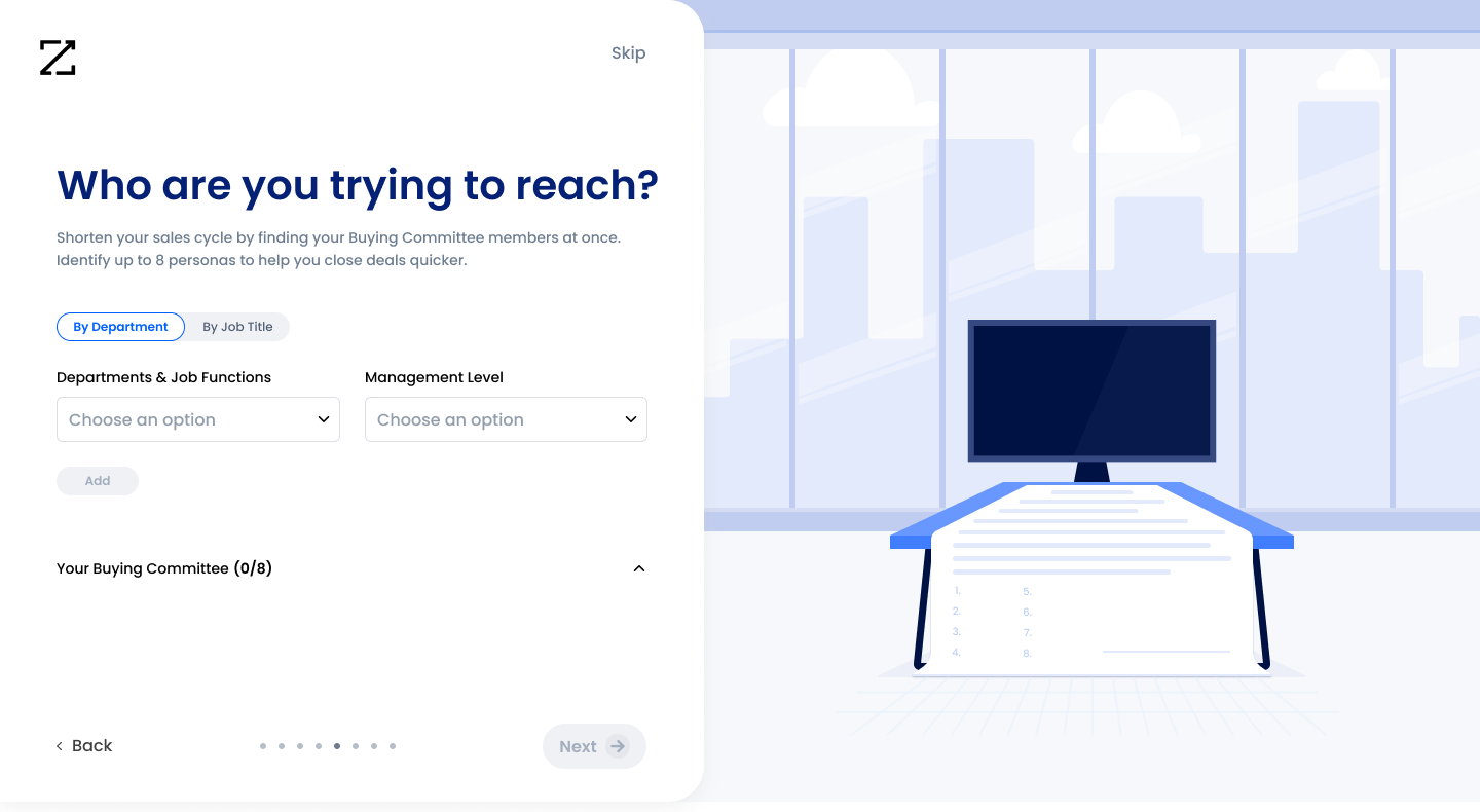 Old onboarding step titled 'Who are you trying to reach?' with the value prop 'Shorten your sales cycle by finding your Buying Committee members at once. Identify up to 8 personas to help you close deals quicker.' above a By Department / By Job Title toggle and two dropdowns for department and management level, with a large illustration of a computer monitor filling the right side of the screen