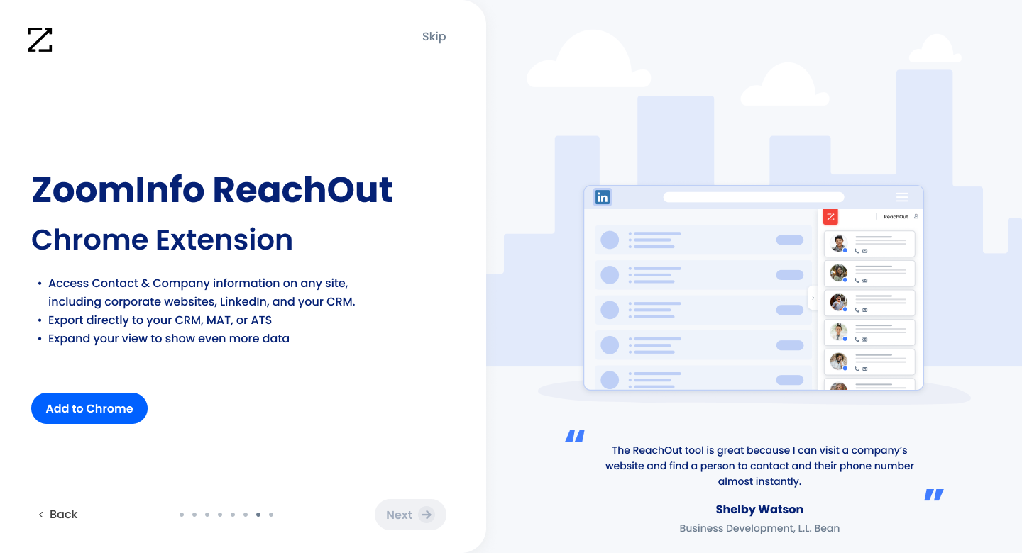 Old onboarding step for the ZoomInfo ReachOut Chrome Extension, with the step title and three feature bullets on the left side and a large illustration of a LinkedIn page with the extension panel open, plus a customer testimonial, filling the right side