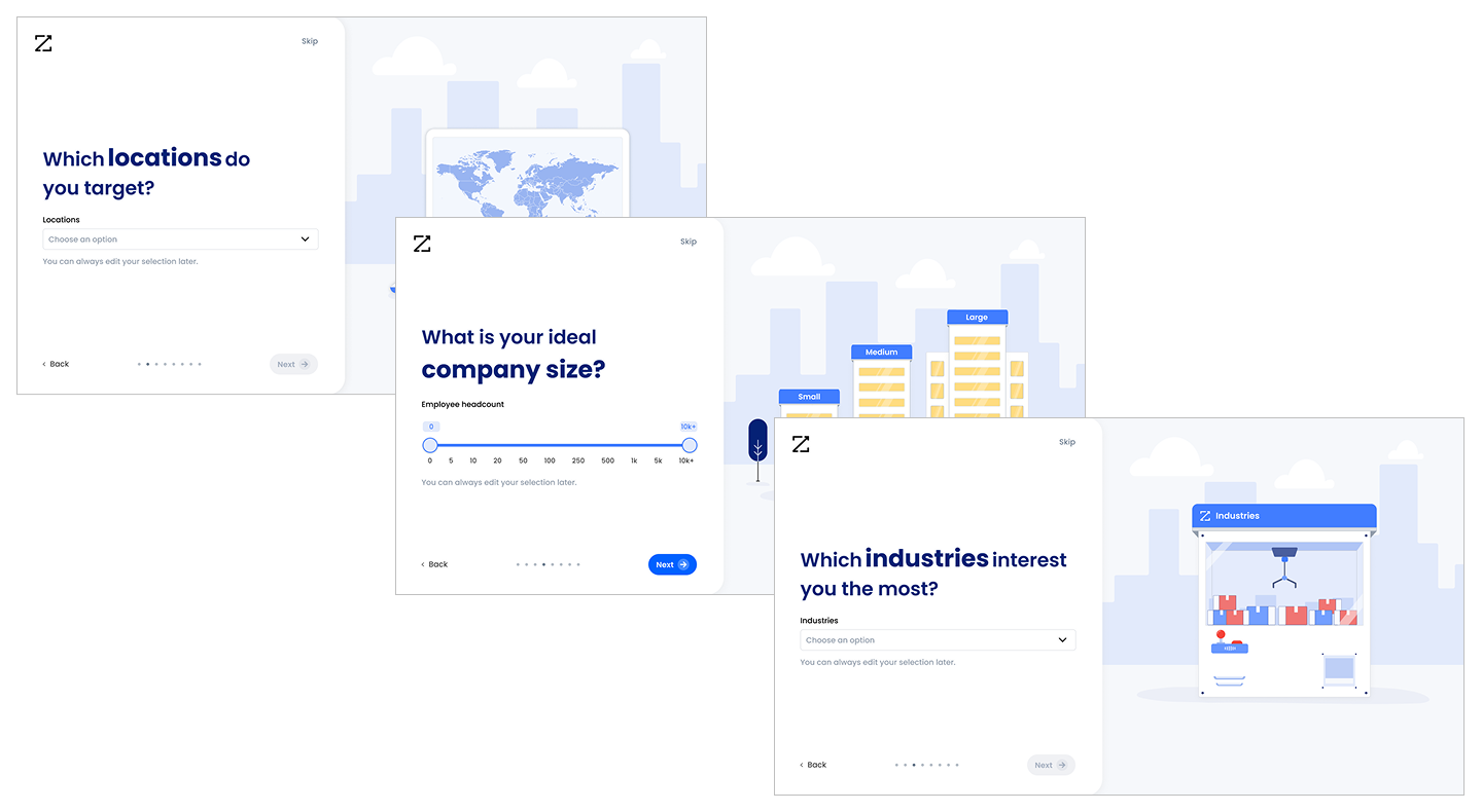 Three overlapping old onboarding screens for target-profile setup: 'Which locations do you target?' with a dropdown, 'What is your ideal company size?' with an employee headcount slider, and 'Which industries interest you the most?' with a dropdown — each a separate step in the old wizard
