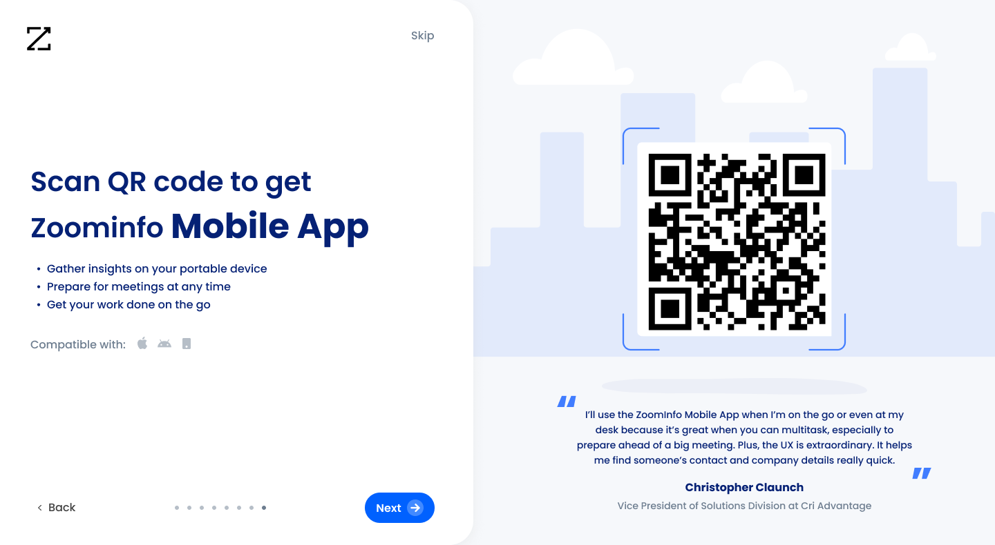 Old onboarding step titled 'Scan QR code to get Zoominfo Mobile App' with a three-bullet value prop on the left side listing mobile-app benefits, a QR code and city illustration in the center-right, and a customer testimonial with attribution in the bottom-right